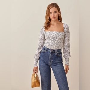 REFORMATION White Canal Blue Floral Print Viscose Smocked Pinto Top EUC Size M